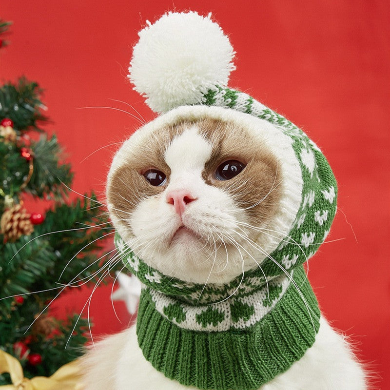 Christmas Love Snowflake Elk Knitted Warm Pet Dog Cat Fur Ball Hat